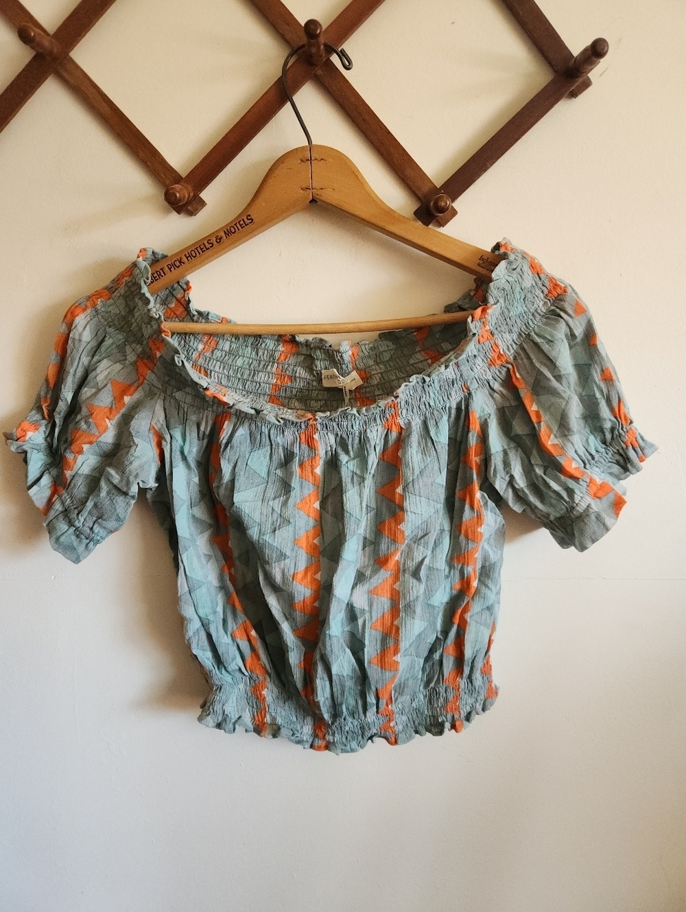 Feather Bone Lght Blue Off-Shoulder Peasant Top Orange Geometric Smocking Cotton